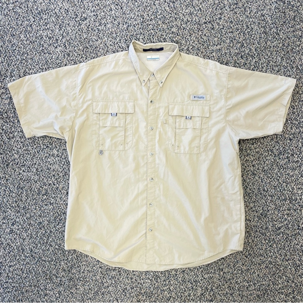 Columbia Bahama PFG Button Down Shirt Adult XL/T S/S Fishing Vented Tan Mens